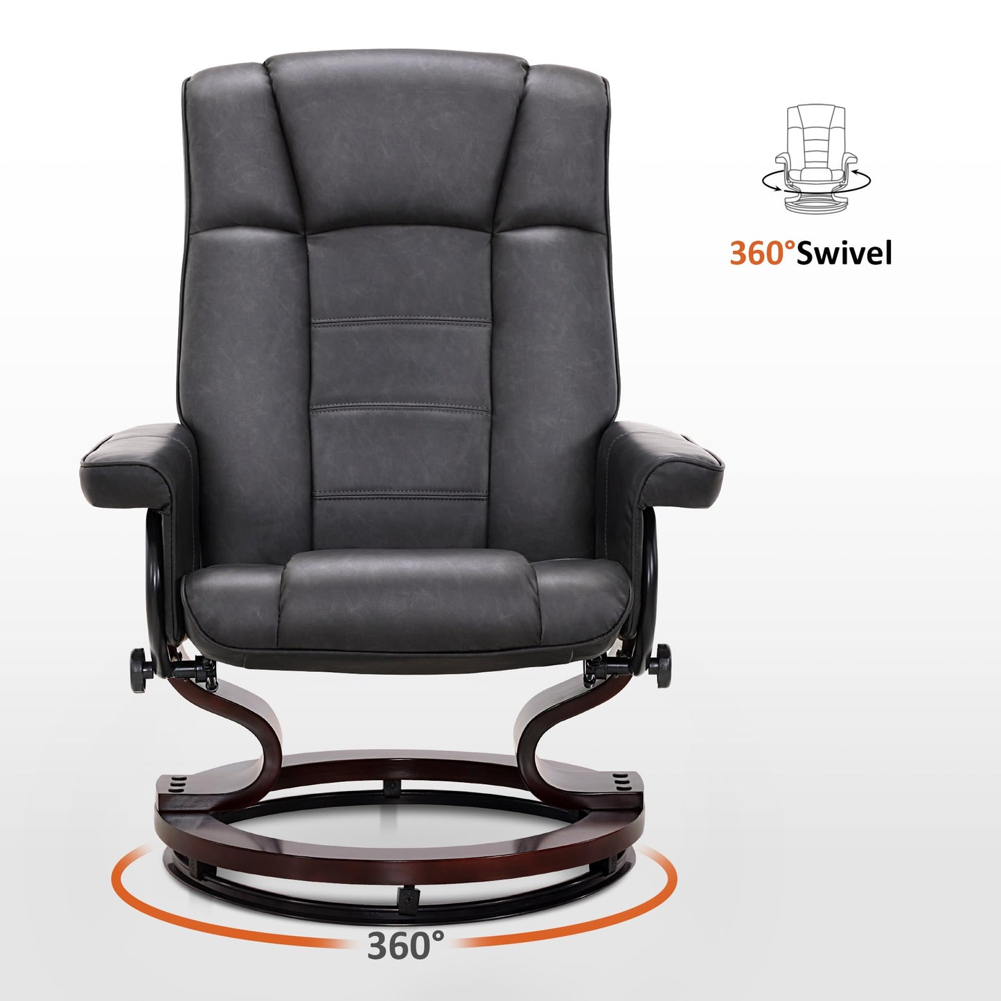 MCombo Manual Swivel Recliner with Ottoman, Chair Ottoman Set for RV Small Spaces, Living Room, Bedroom, Office 9019 4919 (Faux Leather, Dark Grey)