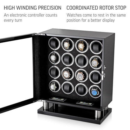 Watch Winder for 16 Automatic Watches with LED Light and LCD Touchscreen Control (Black + Black)