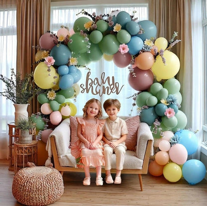 Pink Blue Green Balloon Arch Kit with Artificial Flowers, Double Stuffed Light Baby Yellow Pink Blue Green Pastel Floral Balloon Garland for Baby Shower Wedding Birthday Fairy Spring Tea Party Decor