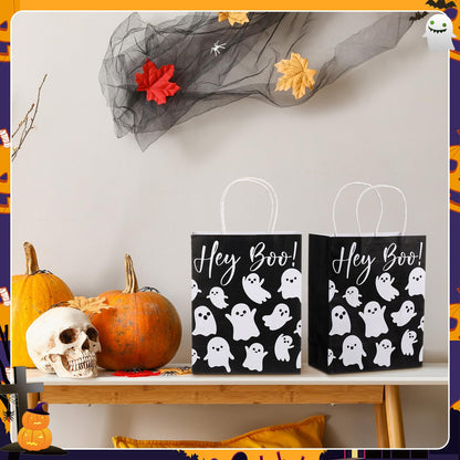 Chiisong 24 Pcs Halloween Hey Boo Ghost Paper Gift Bags with Handles Medium White Ghost Party Favor Bags for Halloween Home Table Party Supplies