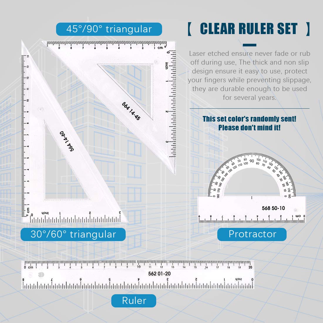 Glarks 16 Pieces Measuring Templates Building Formwork Stencils Geometric Drawing Rulers and Triangular Architect Scale Ruler with Pencil, Pencil Lead Refills, Eraser for Office and School
