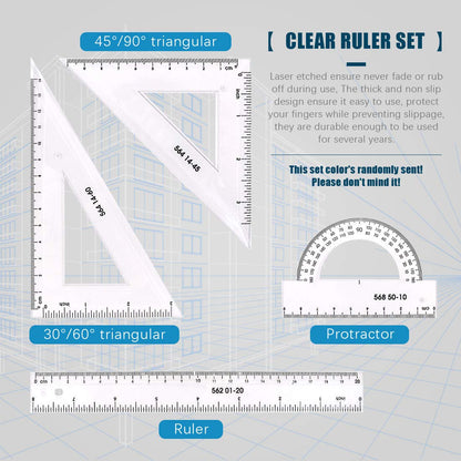 Glarks 16 Pieces Measuring Templates Building Formwork Stencils Geometric Drawing Rulers and Triangular Architect Scale Ruler with Pencil, Pencil Lead Refills, Eraser for Office and School