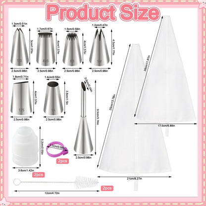 LLMSIX 15pcs Reusable Cotton Piping Bags and Tips Set with 7 Stainless Steel Piping Tip, Large Piping Tips and Churro Tip for Cake Cupcake Pastry Decoration and Cream Puff Filling