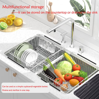 NiuYichee Stainless Steel Dish Drying Rack(15.2"L X 11"W X 5.3"H), Expandable Fruit & Vegetable Drain Rack over Sink, Dish Drainer Rack in Sink, with Stainless Steel Utensil Holder & Silicone Mat(16")