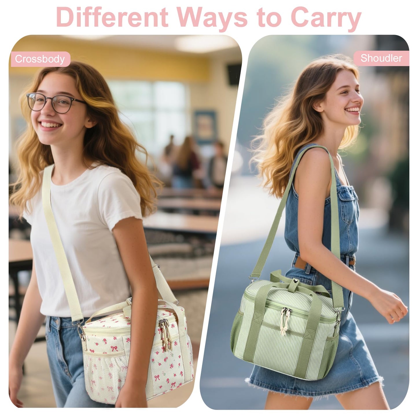 BTOOP Insulated Lunch Bag for Women, Cute Leakproof Lunch Tote, Large Capacity Aesthetic Lunch Box Bag with Shoulder Strap for Work, School, Picnic Pink Bow Floral