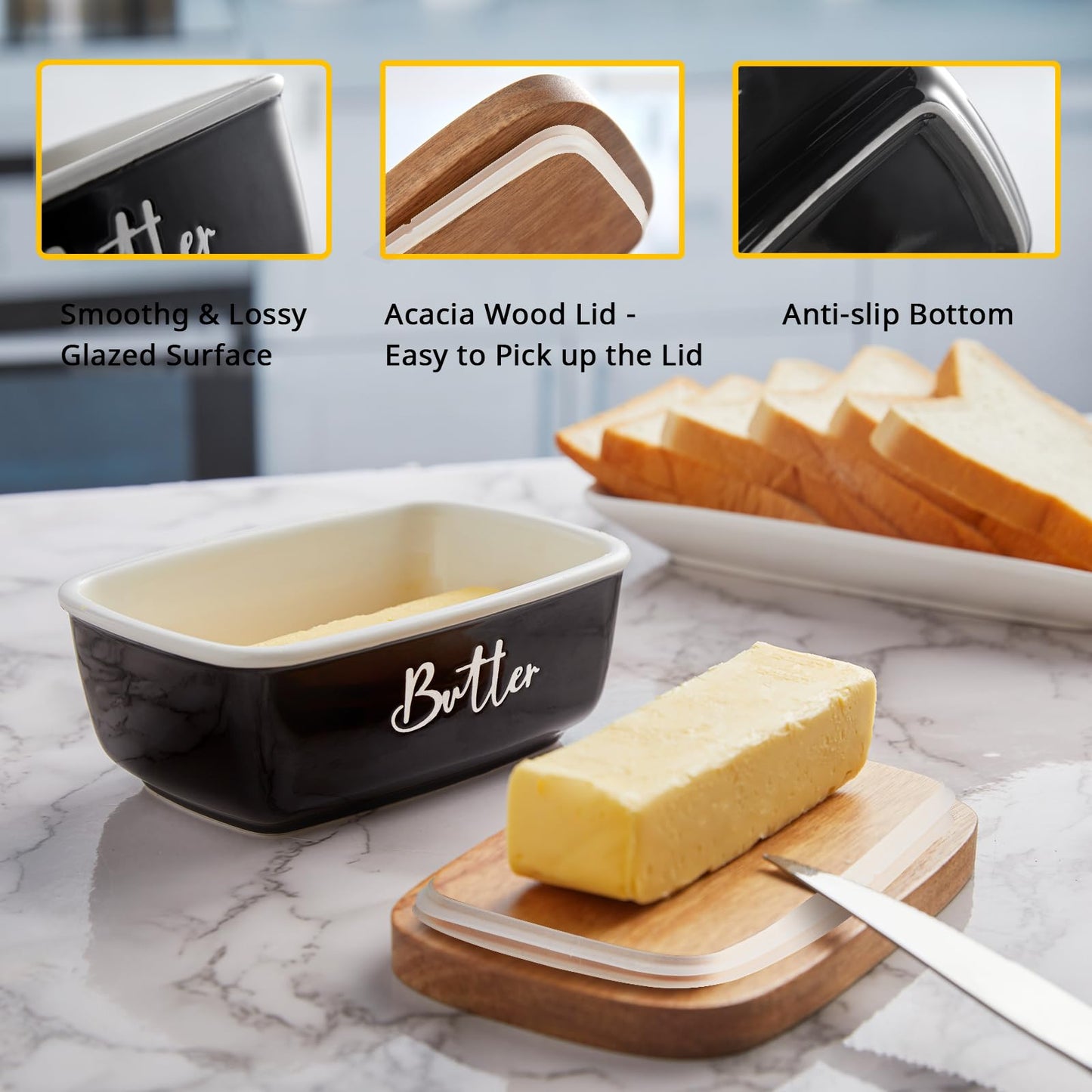 Black Butter Dish, ALELION Large Ceramic Butter Dish with Lid for Countertop, Butter Keeper Container with Acacia Wooden Lid, Kitchen Decor and Accessories for Counter