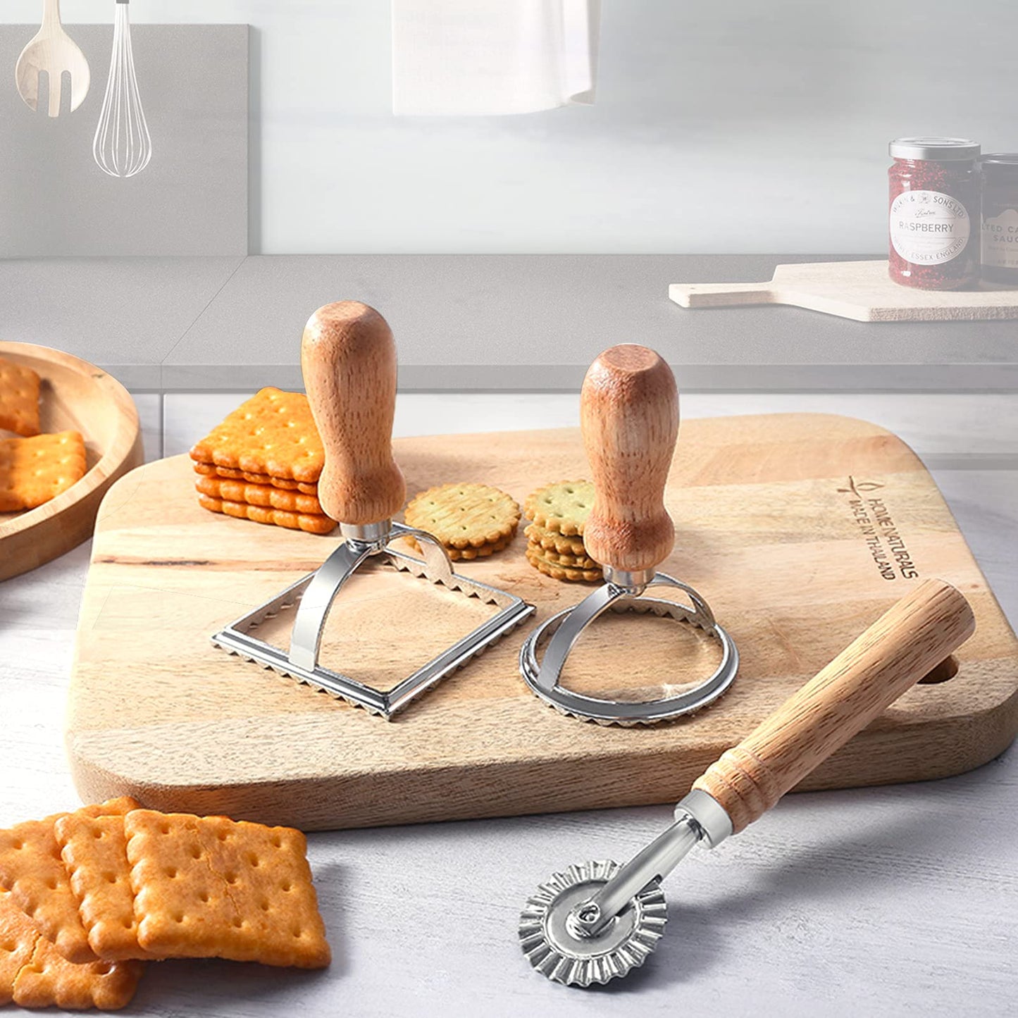 Ravioli Maker Stamp Cutter with Roller Wheel Set, Pasta Maker Mold with Wooden Handle and Fluted Edge, Ravioli Cutter and Press Stamp – for Pasta, Dumplings Lasagna, Pierogi (3 Set with Cutter)