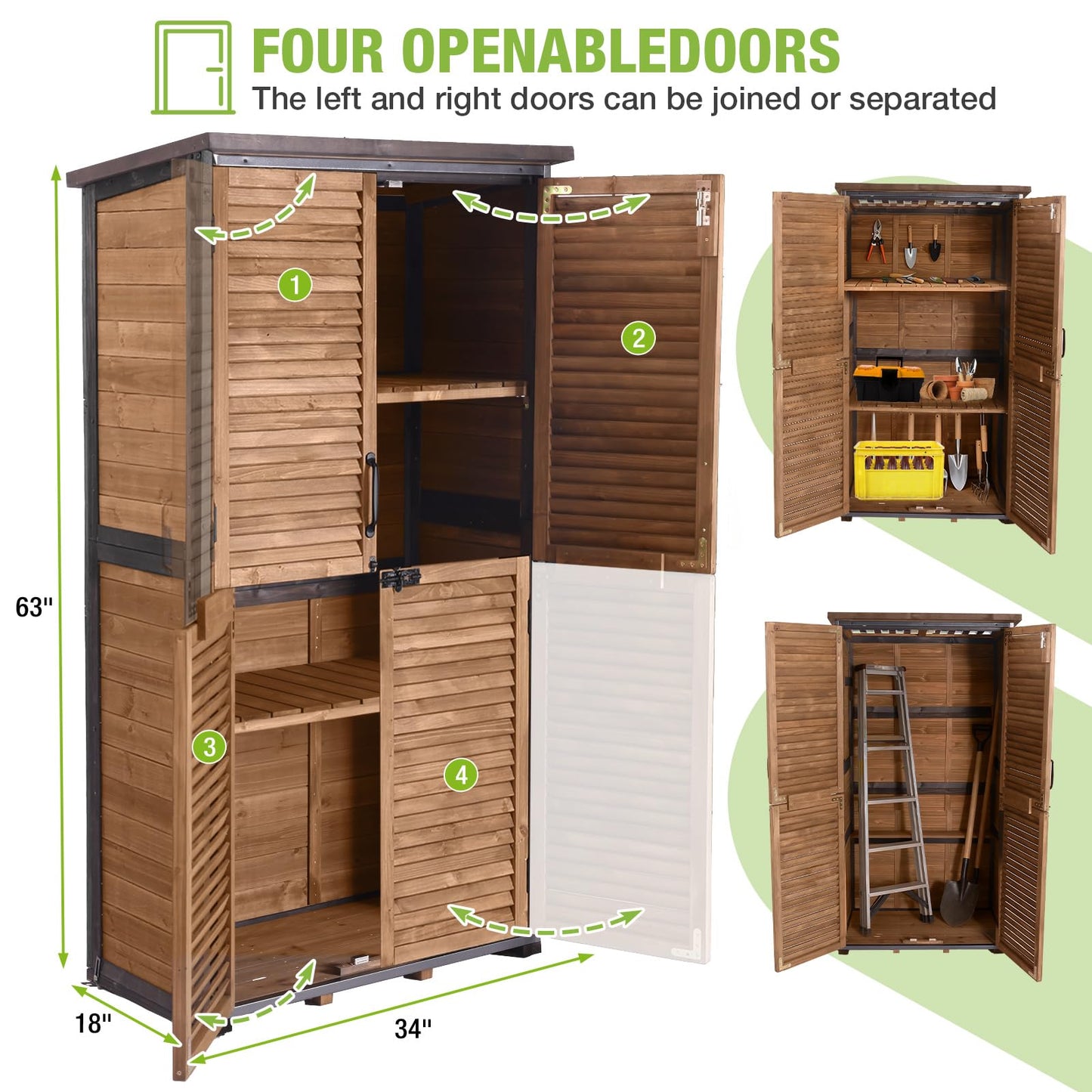 GUTINNEEN Outdoor Storage Cabinet Waterproof Metal Frame Wooden Storage Sheds Outdoor with Floor 4 Lockable Doors, 2 Adjustable Shelves, Garden Tool Shed for Patio Porch Backyard Lawn 63"