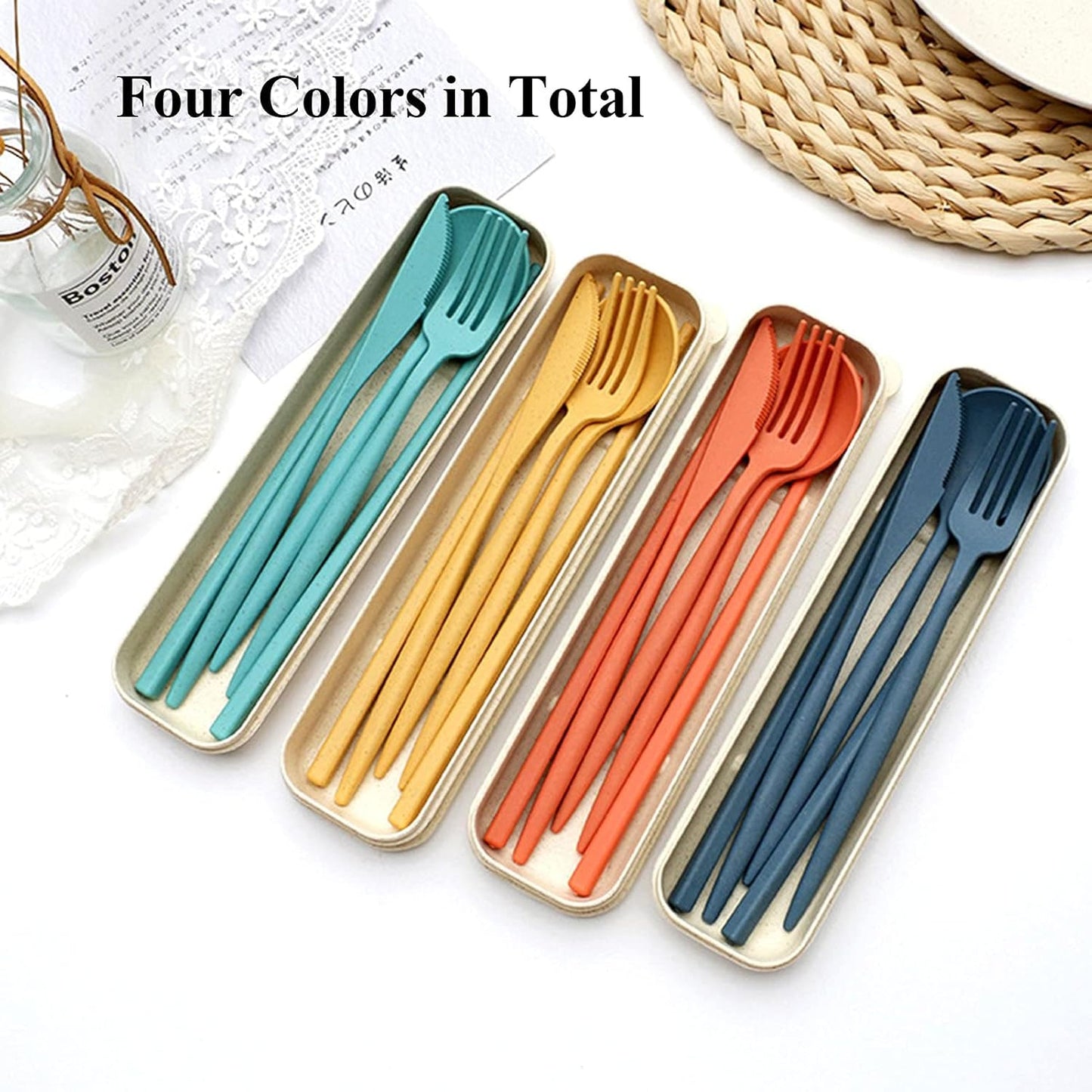 Plastic Travel Utensils, 4 Sets Camping Cutlery, Portable Reusable Utensils Set with Case for Picnic, Travel, Camping