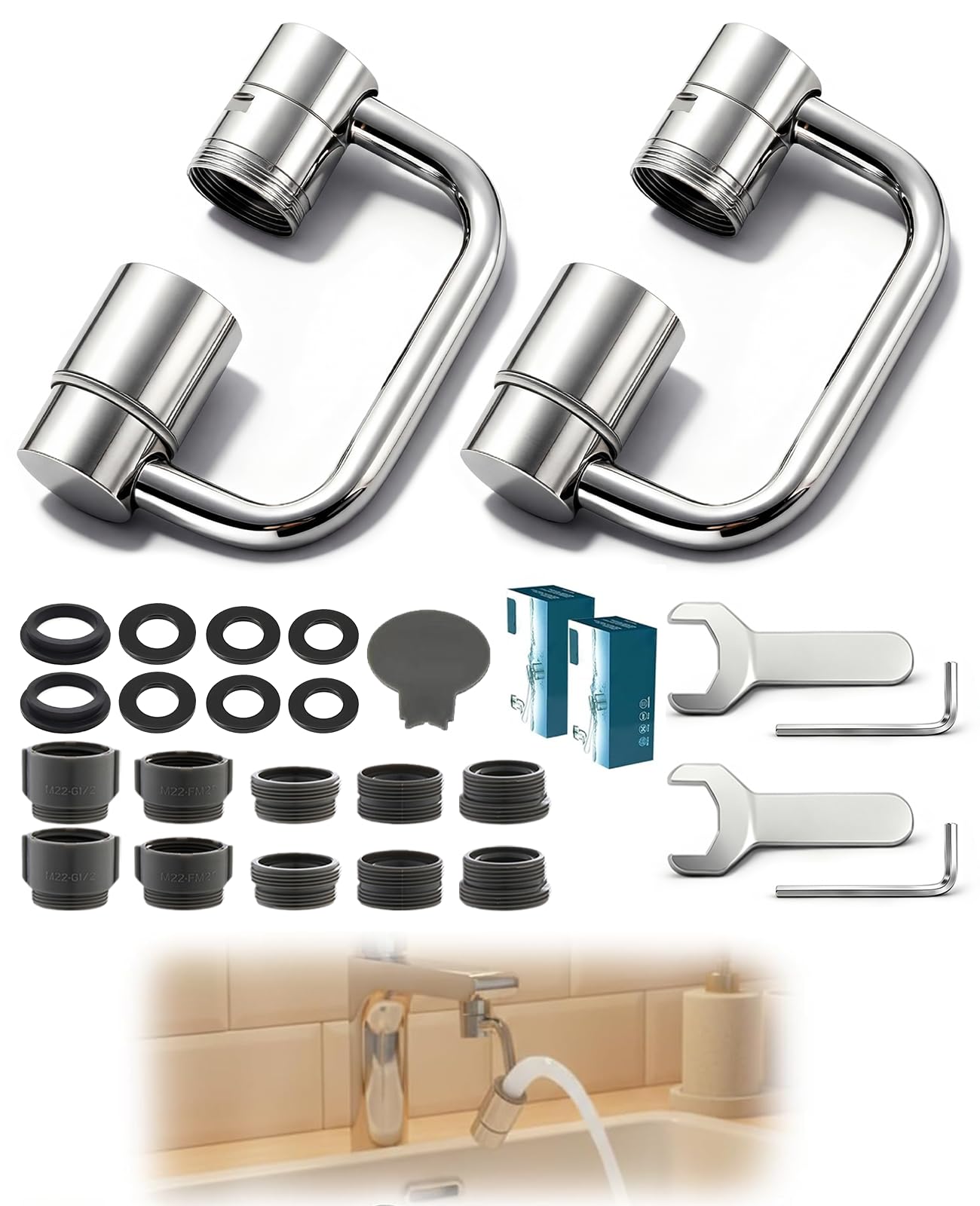 Waaqkid 2PCS Rotatable Faucet Aerator Extension 1440°, U Shape 2 Spray Modes Adjustable Flexiflow 360° Rotating Sink Faucet Extender for Kitchen & Bathroom