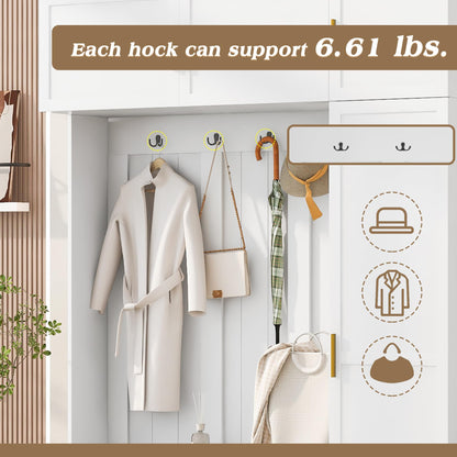Merax 4-in-1 Hall Tree with Padded Bench, Coat Hooks, and Multi-Tier Storage Shelves – American Style Entryway Organizer for Shoes, Bags, Hats, and Daily Essentials, White