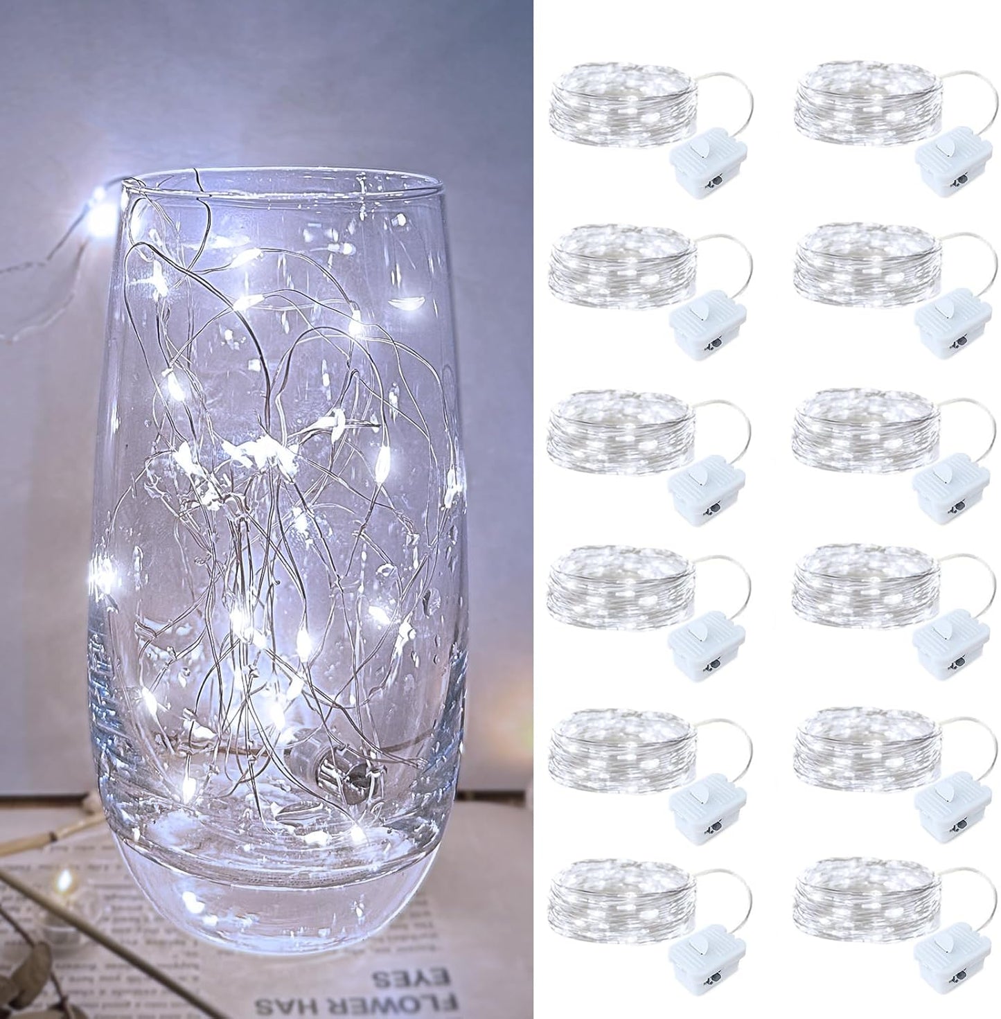 12 Pack 7FT 20LED Led Fairy Lights - White, Battery Operated LED Silver Wire String Lights, Mini Firefly Starry String