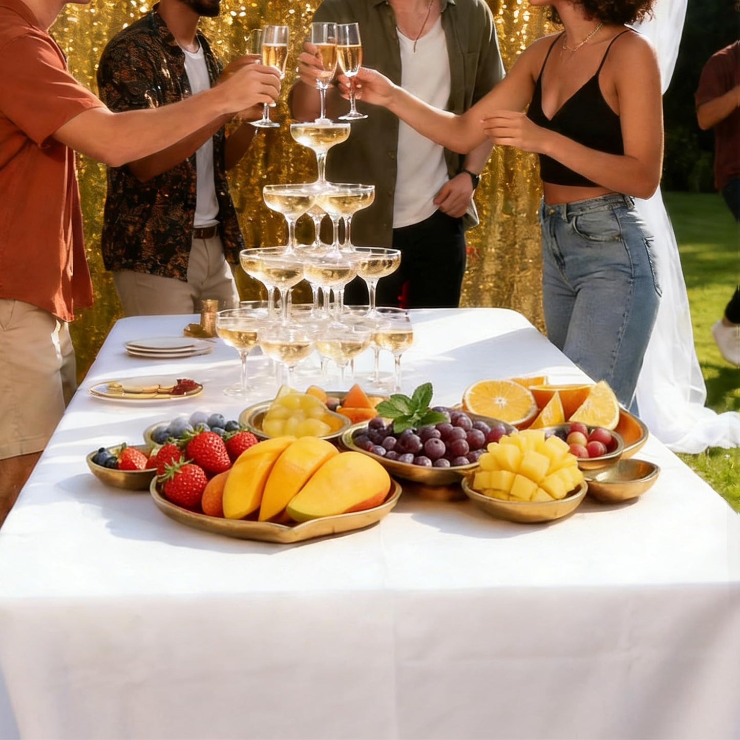 Foovslzw Set of 10 Gold Round Serving Bowls, 17 Inch Decorative Snack Tray Set for Chip & Dip, Nuts, Appetizers, Strong Brass & Enamel Home Decor for Entertaining, Parties, Weddings