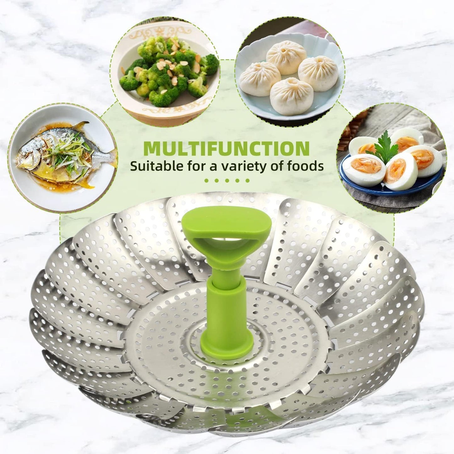 Sihuuu Folding Stainless Steel Steamer Basket (7-11 Inches) with Heat Resistant Handle - Ideal for Cooking Seafood, Vegetables, Fruits - Expandable and Easy to Clean - Dishwasher Safe