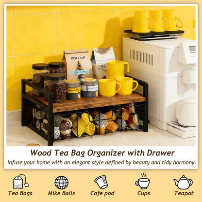 Tea Bag Holder, Tea Bag Organizer and Storage with Drawers, Tea Bags Organizer Natural Wood & Metal with 8 Compartments, Multi-Purpose Tea Rack Teabag Station Chest for Countertop, Kitchen, Office