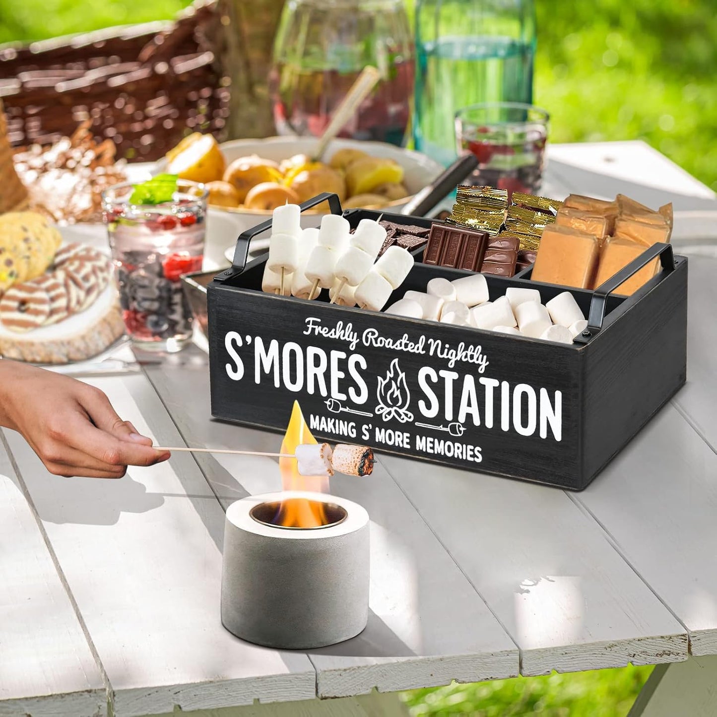 Farmhouse Smores Station, Wooden Smores Caddy with Handles, S'Mores Bar Holder with 5Pcs Extendable Smores Sticks, Smores Maker Box for Smores Kit, Outdoor Fire Pit Camping Essentials Cooking (Black)