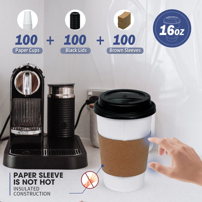 Ginkgo [100 Pack 16 oz Disposable Coffee Cups with Lids and Sleeves - To Go Coffee Cups for Hot Drinks, Chocolate, Cocoa and Coffee Bar
