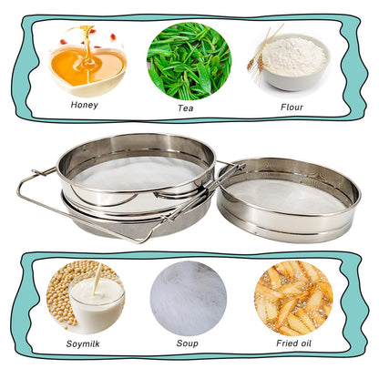 NIZEFEI Double Sieve Honey Strainer for 5 Gallon Bucket Stainless Steel Honey Filter with Up to 16.5 inches Extendable Arms Honey Processing Equipment