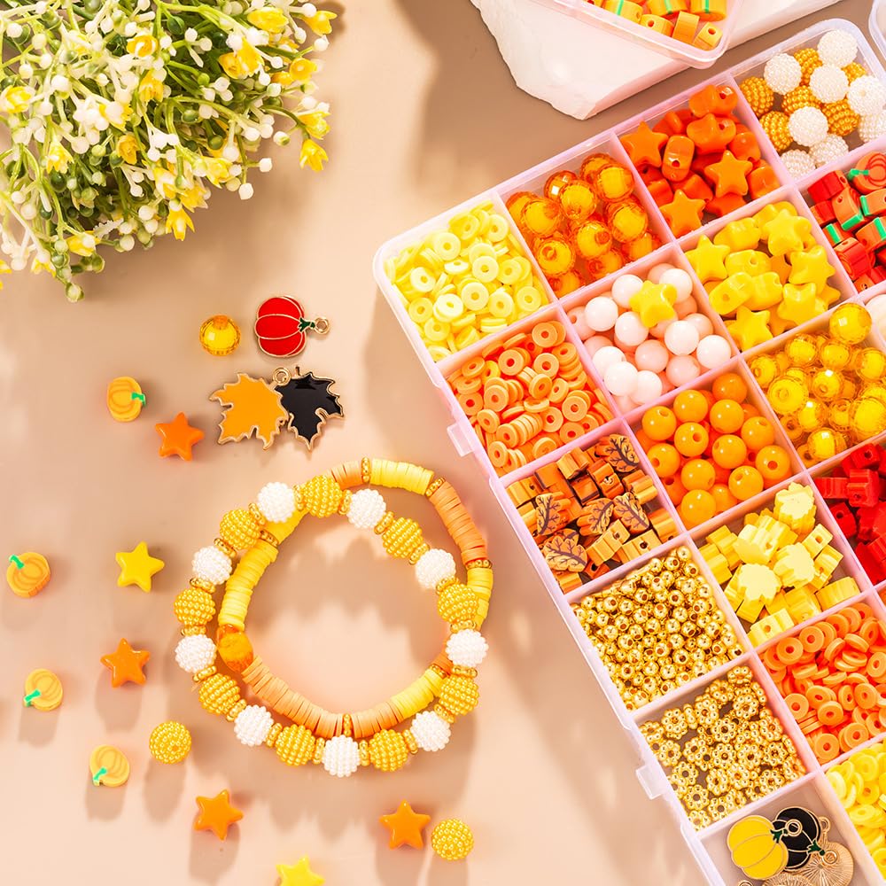 1608Pcs Fall Beads Thanksgiving Jewelry Making Kit - Autumn Polymer Clay & Acrylic Charms for DIY Crafts: Maple Leaf, Pumpkin, Pearl, Star, Round Spacer Bead Mix (Yellow)