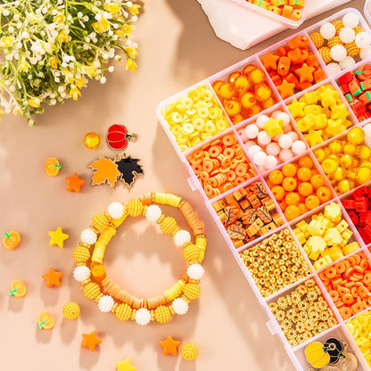 1608Pcs Fall Beads Thanksgiving Jewelry Making Kit - Autumn Polymer Clay & Acrylic Charms for DIY Crafts: Maple Leaf, Pumpkin, Pearl, Star, Round Spacer Bead Mix (Yellow)