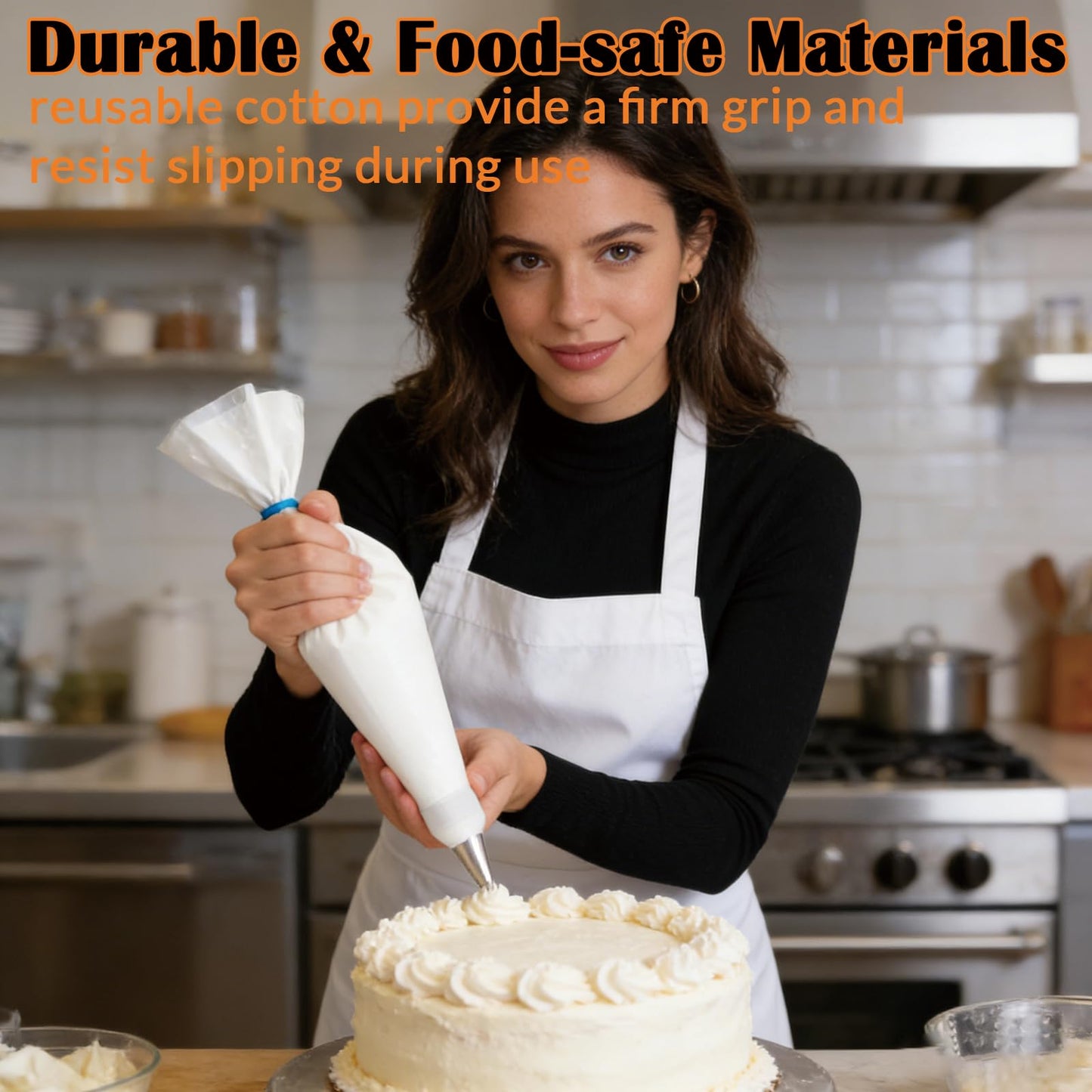 11 Piece Reusable Piping Bags and Tips Set - Cotton Baking Kit with Coupler Stainless Steel Nozzles Cleaner for Cupcakes Cookies Churros