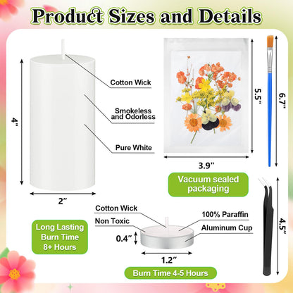 MTLEE 24 Pack Dried Pressed Flower Candle Painting Kit 6 White Pillar 6 Dried Pressed Flower 10 Tealight Candle Tweezer Brush for Galentines Girls Night Birthday Wedding Party DIY Crafts(4 Inch)