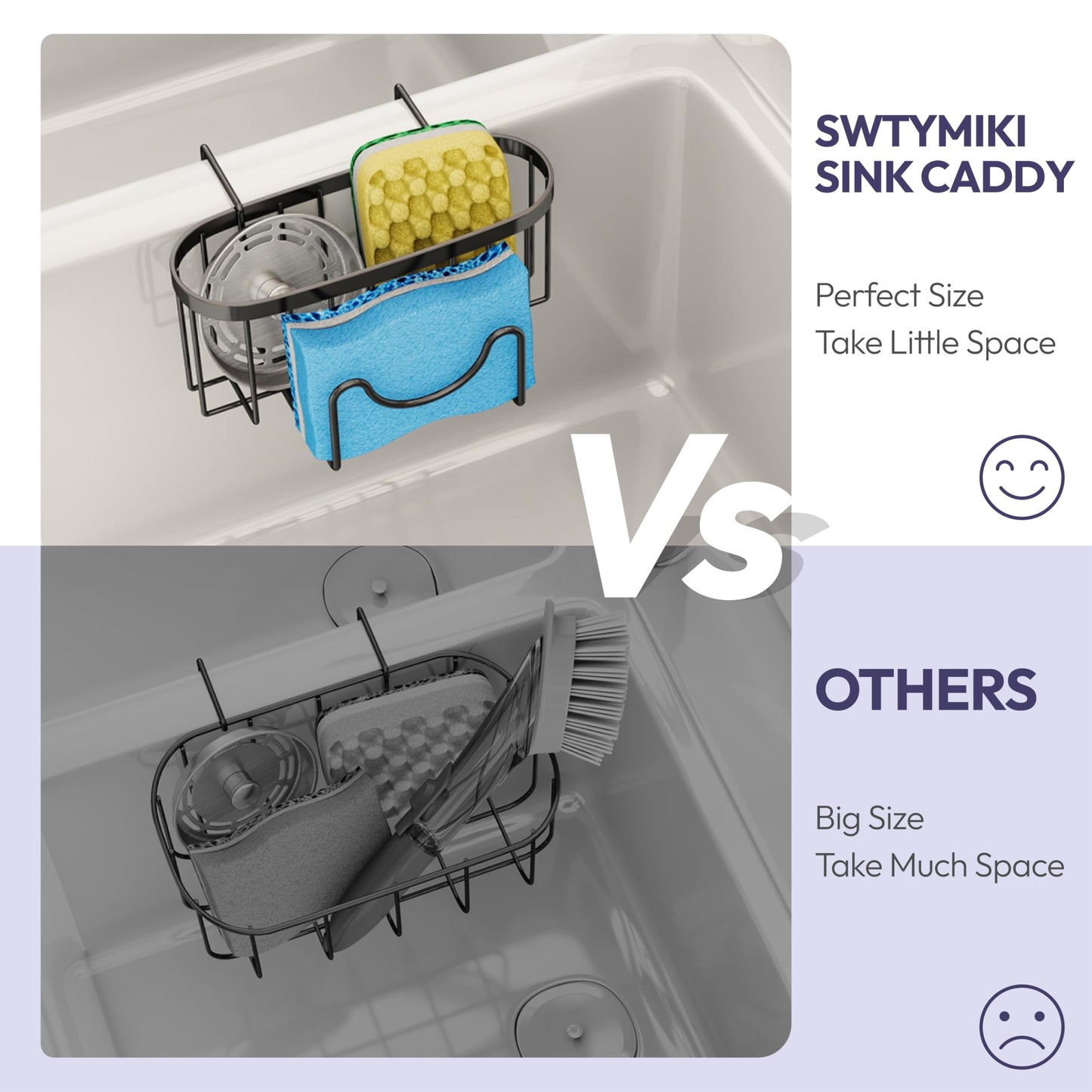 SWTYMIKI Sponge Holder for Kitchen Sink - Movable Kitchen Sink Caddy with M Shape Hook, Stainless Steel Hanging Sponges Caddy Organizer in Double Bowl Sinks Depth>3.15in, Middle Divider<1.5in, Black