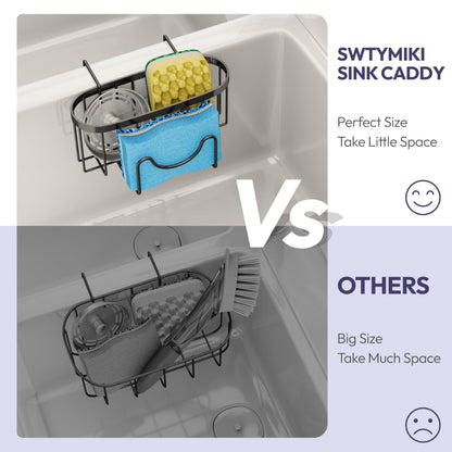 SWTYMIKI Sponge Holder for Kitchen Sink - Movable Kitchen Sink Caddy with M Shape Hook, Stainless Steel Hanging Sponges Caddy Organizer in Double Bowl Sinks Depth>3.15in, Middle Divider<1.5in, Black