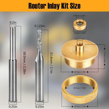 71333 Inlay Router Bit Bushing Set for 1/4 Templates High RPM Routing, Includes 1/8" Carbide Spiral Bit + 1/4 Shank - Universal Quick Change Bushing, Retainer Nut, Collar, Alignment Pin