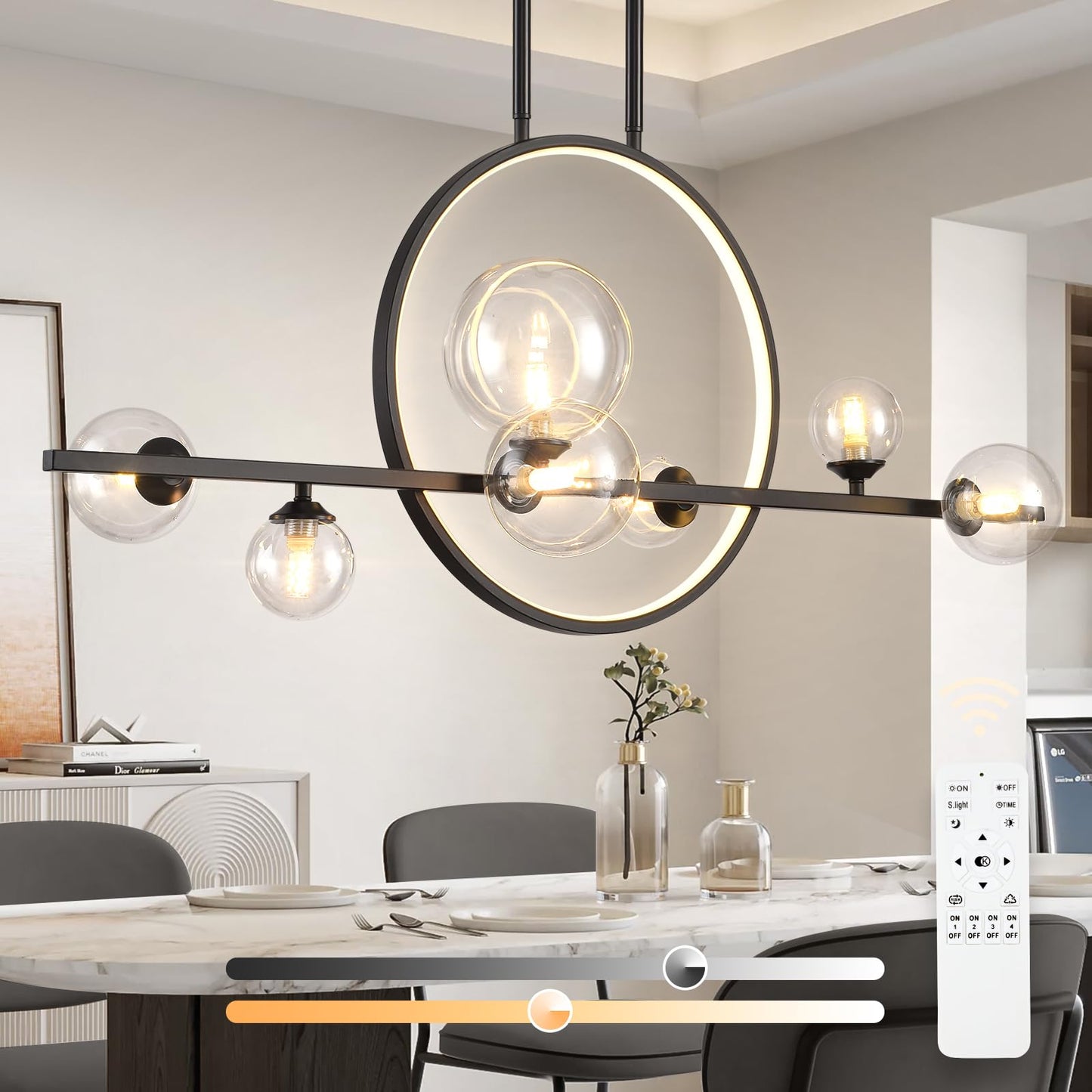 KELUOLY Modern 7 Light Dining Room Chandelier, 37.4" Black Dimmable Mid Century Linear Pendant Lights with Globe Glass Shade, Minimalist Island Light for Dining Room, Office, Kitchen
