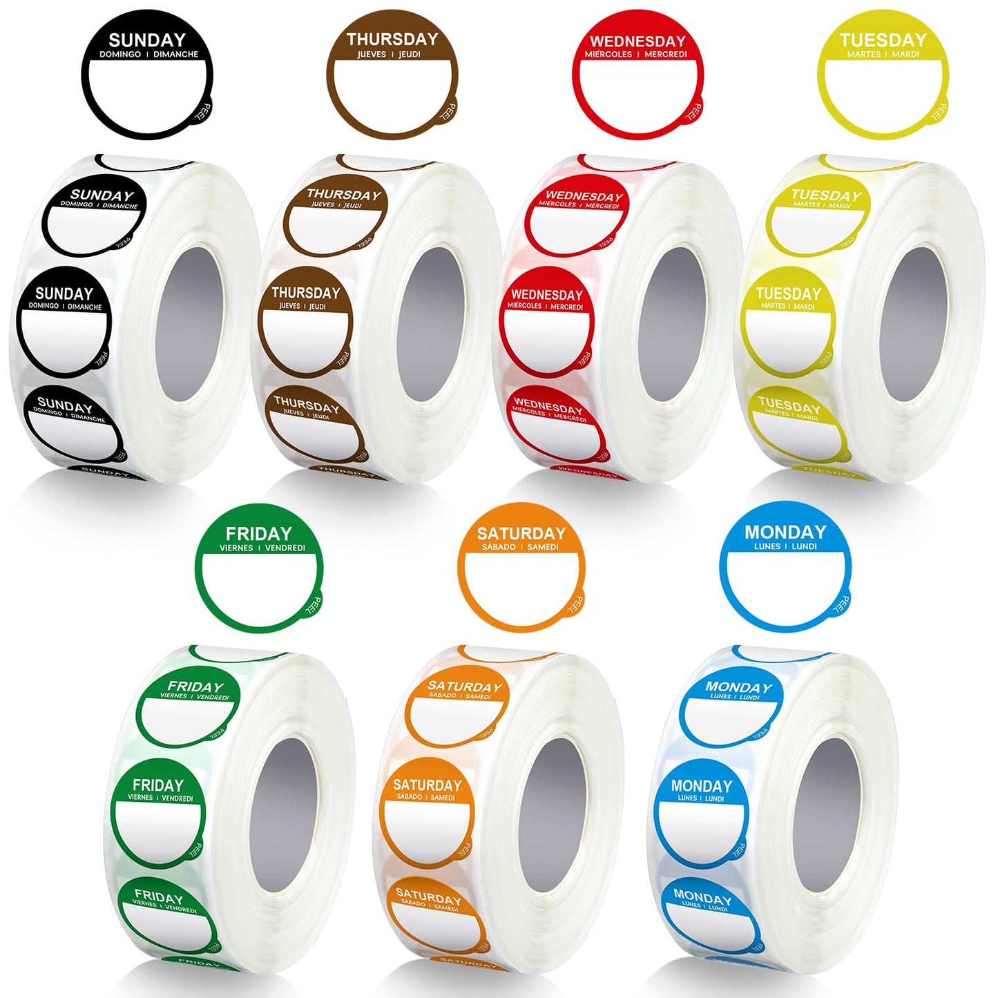 Sayglossy 7000 Pcs Day of Week Label Food Label Monday Through Sunday Management Inventory Sticker Removable Weekly Self Adhesive Date Dot Sticker for Restaurant Kitchen Container (Round)