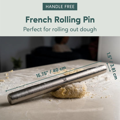 Ultra Cuisine French Rolling Pin - Tapered Stainless Steel Design for Baking, Dishwasher-Safe, 16-Inch