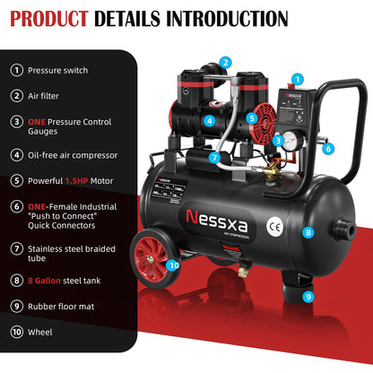 8 Gallon Ultra Quiet Air Compressor, 1.5HP 4.52 CFM, Max 115 PSI Oil-Free Air Compressor Tank for Car Repair, Spray Painting, Woodwork Nailing, 110V/60hz, 70dB