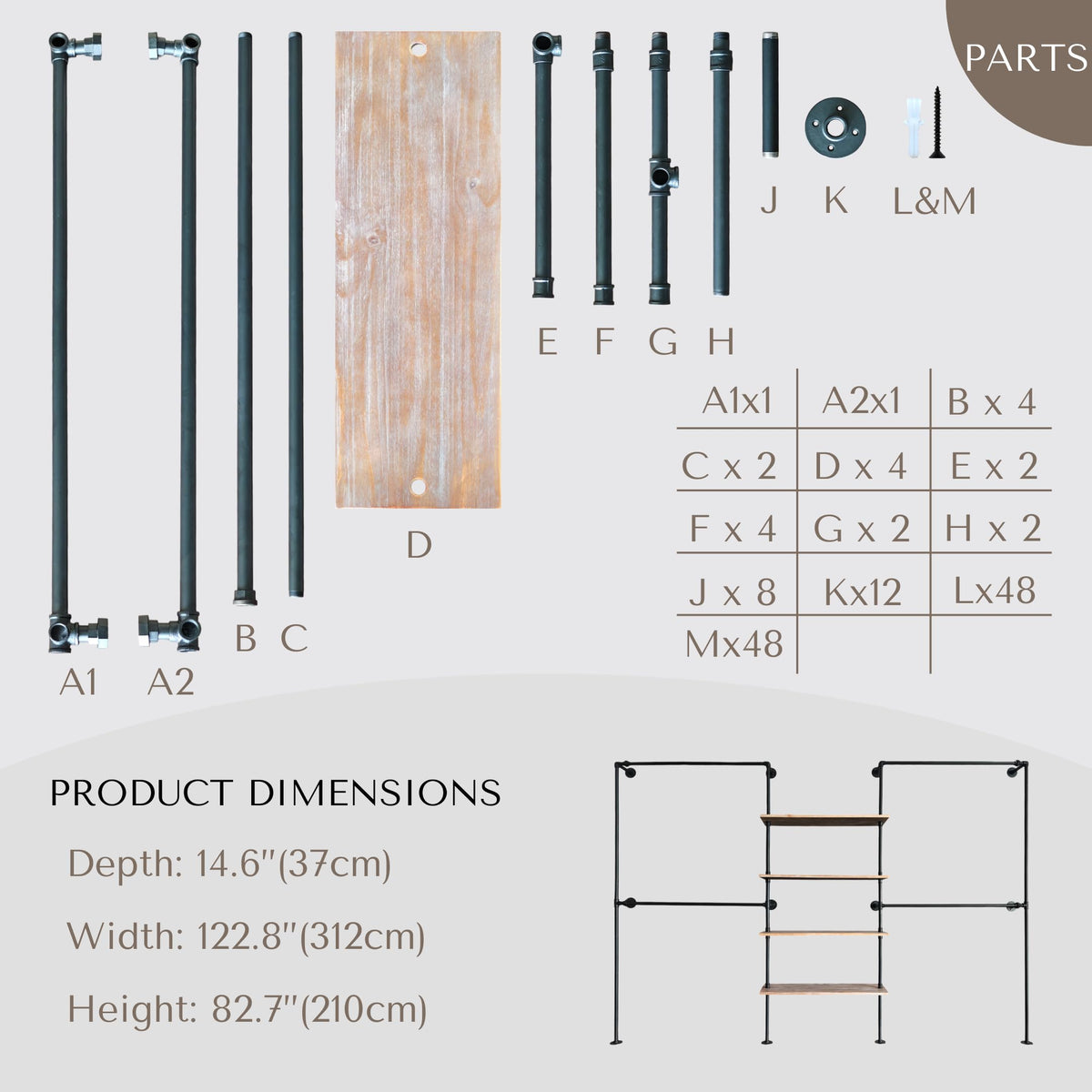 Anynice Industrial Pipe Clothing Rack Wall Mounted, DIY Custom Closet System with Shelves, Heavy Duty Garment Hanging Rack for Walk in Closet, Laundry Room, Retail Display, 14.6x122.8x82.7 in, Y05
