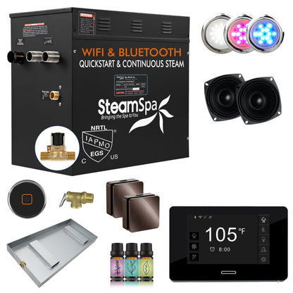SteamSpa Steam System 12kW Steam Shower Generator with Bluetooth Wifi, Quickstart Continous Steam, Advanced Touch Pad Screen, Chroma Lights, Drain Pan and Auto Drain Oil Rubbed Bronze RVBS1200ORB-A