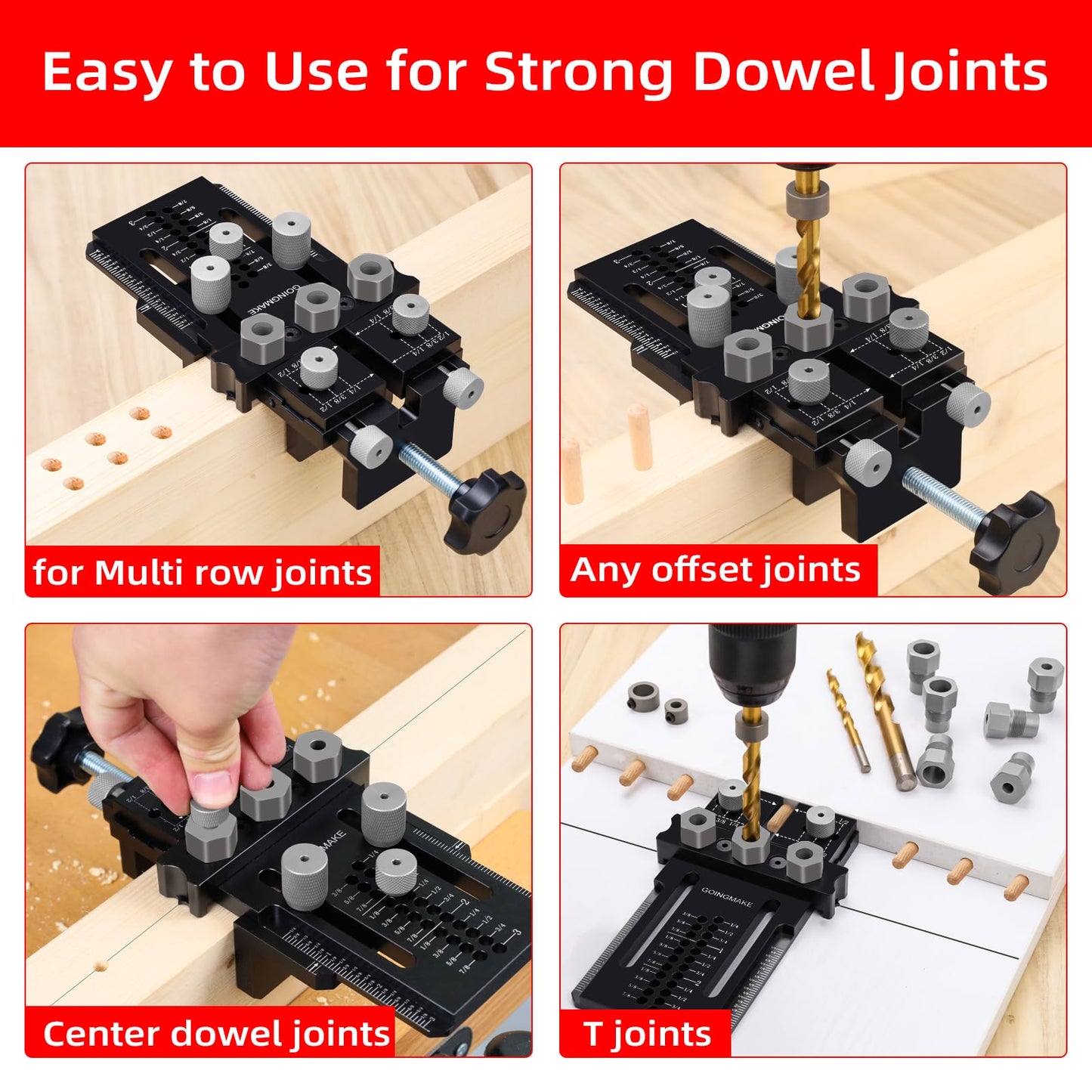 GOINGMAKE Dowel Jig Kit with Quick Positive Stop and Clamp, Adjustable Doweling Jig for Drill 1/4, 3/8 and 1/2 Inch Accurate Straight Dowel Holes, Fit Any Thickness Wood Joints, for Cabinet, Furniture