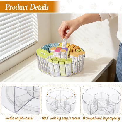 HFYZZ Rotating Lickable Cat Treats Organizer with 6 Compartments, Clear Lazy Susan Acrylic Squeeze Up Cat Food Storage Container Divided Pet Treats Box for Kitchen Cabinet Pantry Shelf Countertop