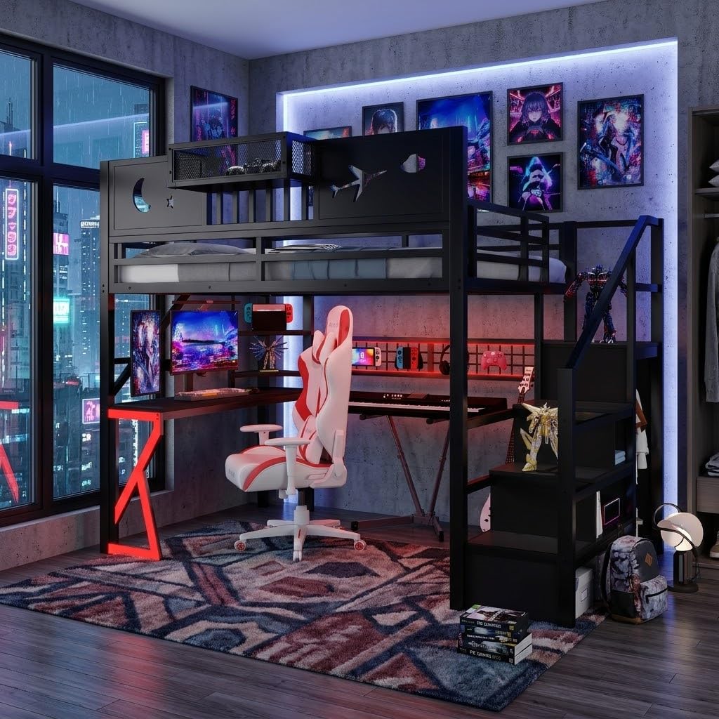 KEIKI Full Size Loft Bed with Storage Stairs, Wardrobe & Desk, Metal Loft Bed with Light, USB Ports, Guardrails, Storage Shelves, Space Saving Frame with High Guardrails for Kids Teens Adult, Black