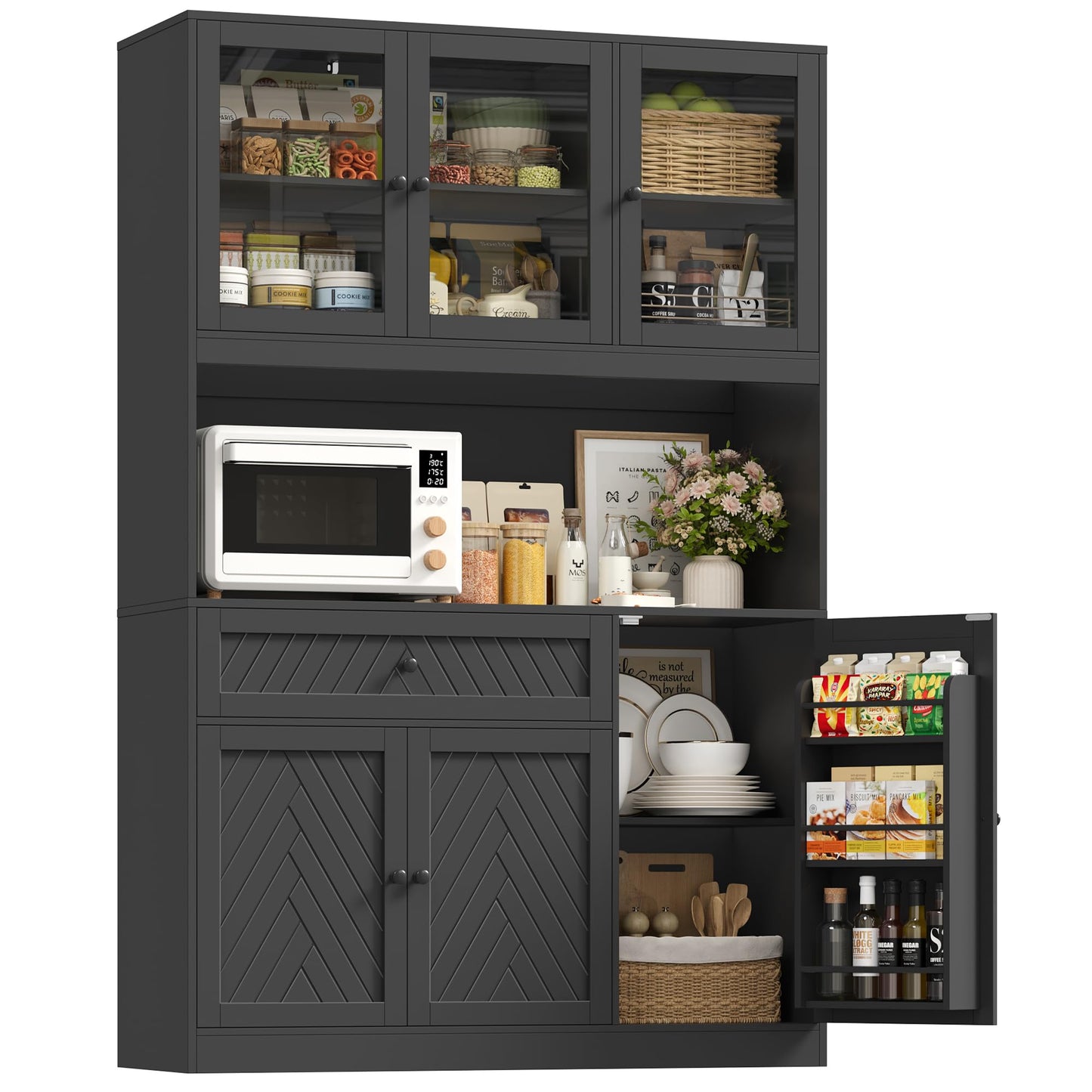 BOTLOG 72” Tall Kitchen Pantry Storage Cabinet, Modern White Kitchen Hutch with Large Storage Drawer, Countertop, Adjustable Shelves, Food Pantry Cabinets for Dining Room, Living Room (Black)