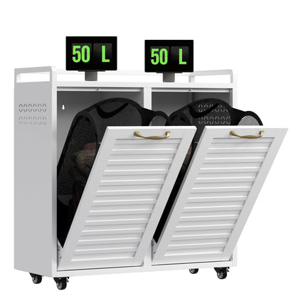100L Dual Laundry Hamper with Wheels, Metal Rolling Laundry Cabinet with 2 Compartments and Removable Bags, Hidden Design