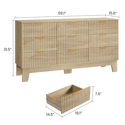 Garvee 9 Drawer Dresser for Bedroom, 59" Wide Fluted Chest of Drawers with Metal Handle, Modern Wooden Dresser TV Stand, Clothes Storage Organizer Wood Closet for Hallway, Entryway, Natural Oak