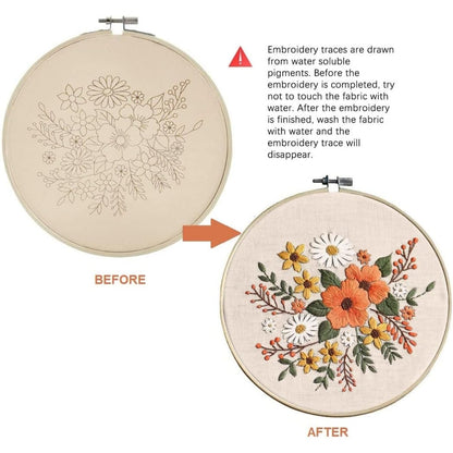 Arte Vita Embroidery Starter Kit Orange Flower Pattern Full Range DIY Beginner Hand Stitch Set Including Stamped Cloth, Bamboo Hoop, Color Threads, Needles Floral