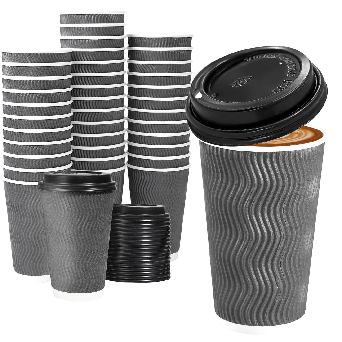 Lamosi 50 Pack 16 oz Insulated Disposable Coffee Cups with Lids, To Go Paper Coffee Cups with Lids, Corrugated Ripple Wall Cup for Hot Drink, Office, Coffee Bar
