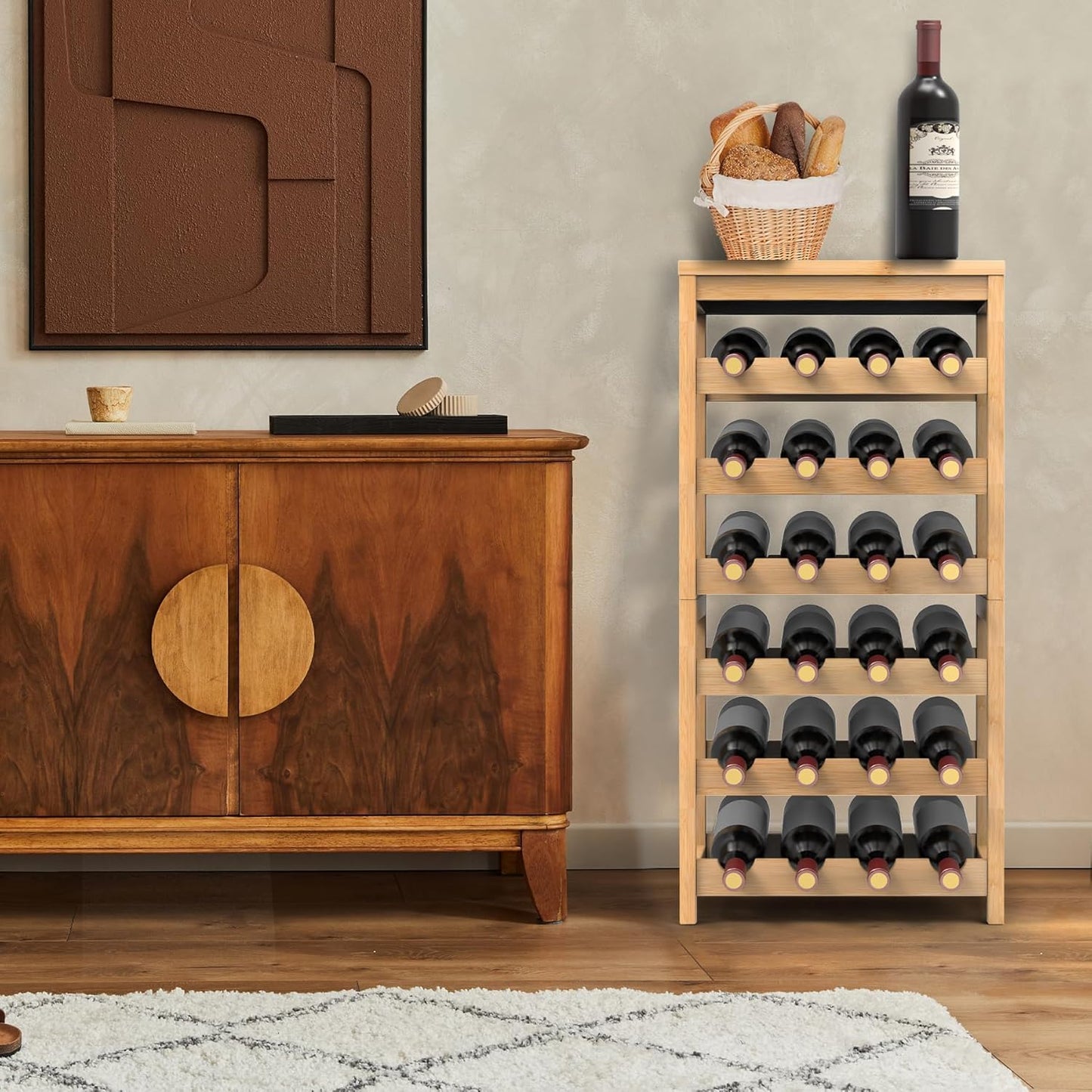 FoverOne 24-Bottle Bamboo Wine Rack Freestanding Floor, 6 Tier Wine Display Rack with Table Top, Wine Storage Shelf for Kitchen Dining Room Bar