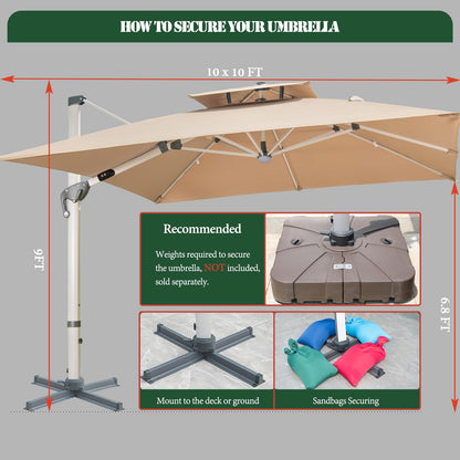 Mojia 10x10 FT Square Cantilever Patio Umbrella with Solar LED Lights and Cross Base, 360° Rotation Large Heavy Duty Offset Outdoor Umbrella with Easy Tilt for Pool Backyard Deck Garden, Khaki