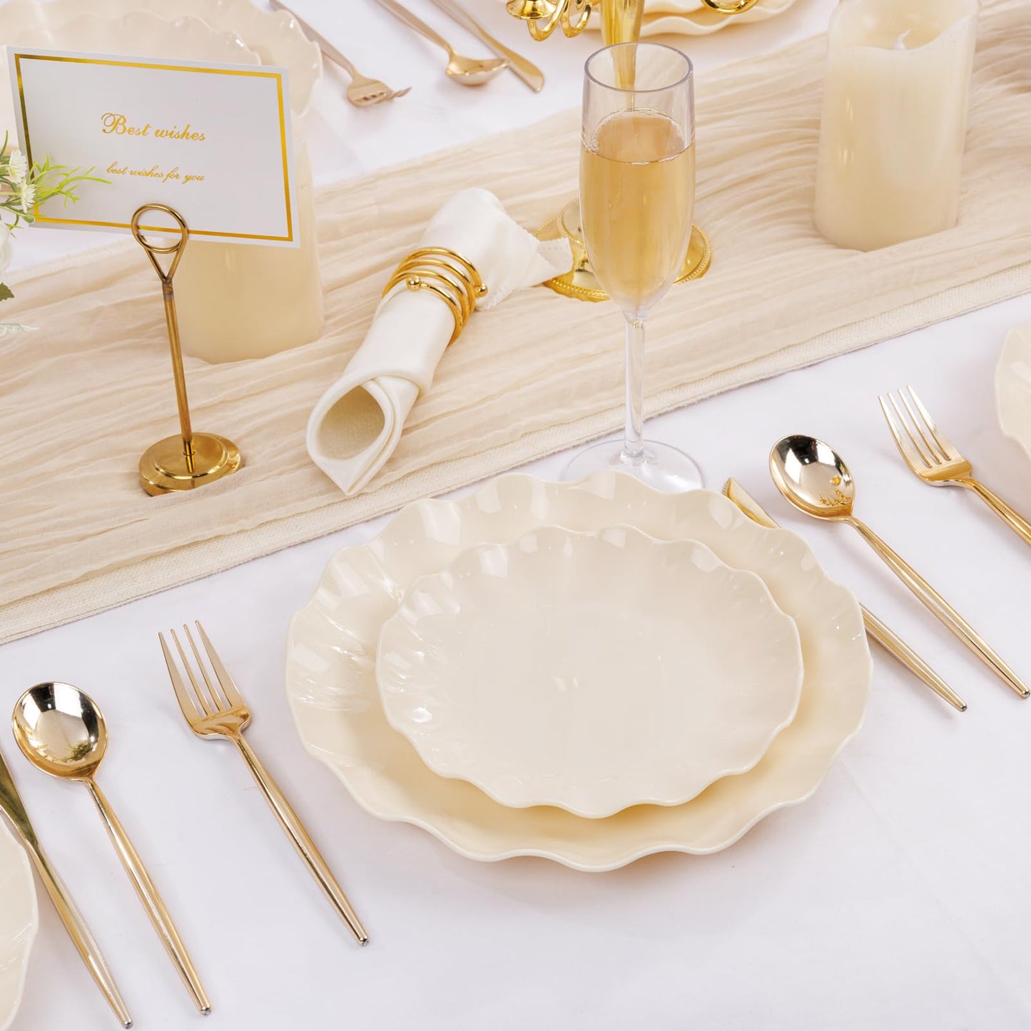LIYH 24pcs Plastic Plates Reusable,Unbreakable Dinner Plates, Scalloped Plastic Plates, Dishwasher Safe,Ivory Plate Sets Perfect for Parties, Birthday, Picnics, BPA Free(12Guests)