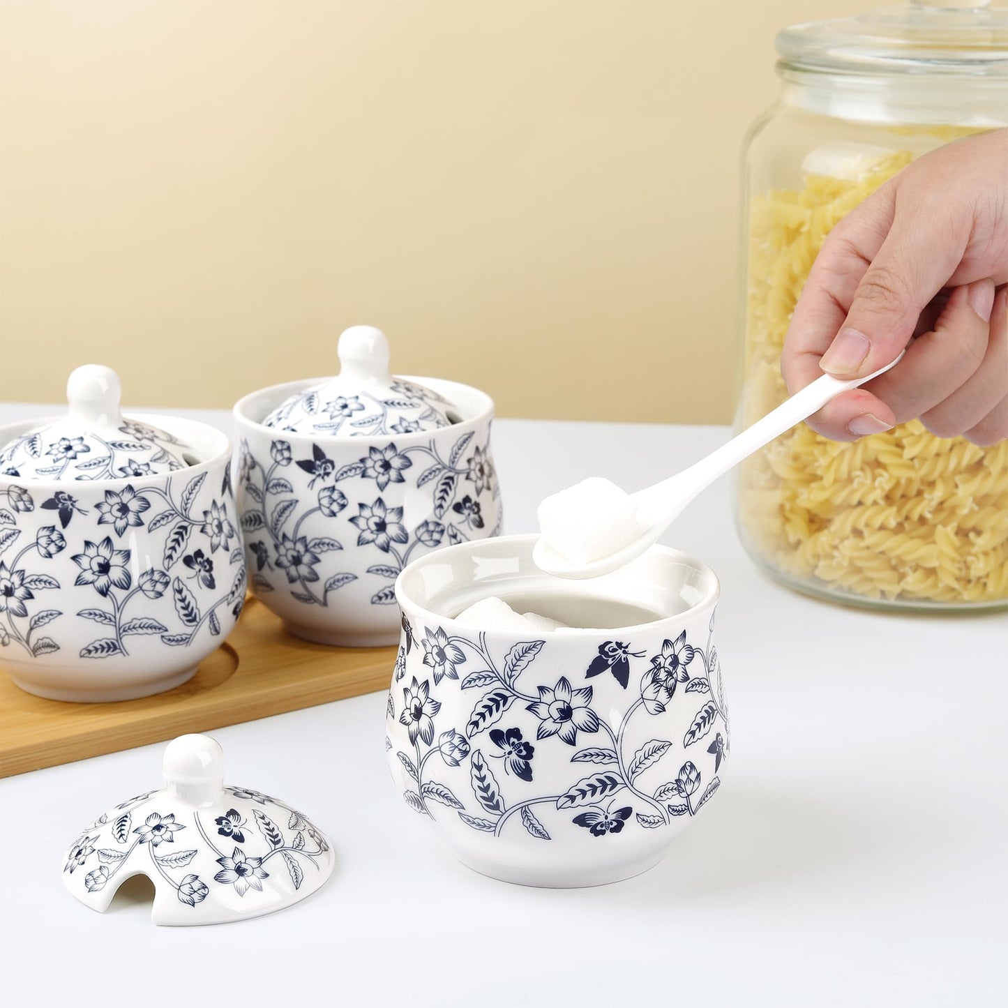 fanquare Blue and White Floral Ceramic Sugar Bowl with Lid, Spoon and Tray, Coffee Sugar Canister Set of 3, Seasoning Box Salt Bowl for Kitchen, 9.5 Ounces