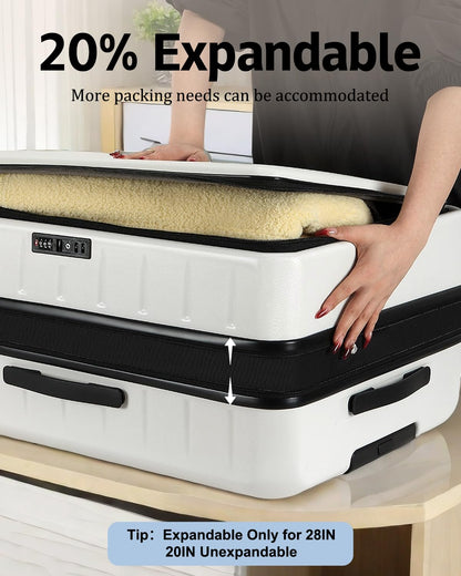 CENSIEN Luggage Sets 2 Pieces, 20 Inch Carry On Luggage and Expandable 28 Inch Checked Luggage with Spinner Wheels, Lightweight ABS+PC Hard Shell Suitcase with Front Opening, TSA Lock (White, 20/28)