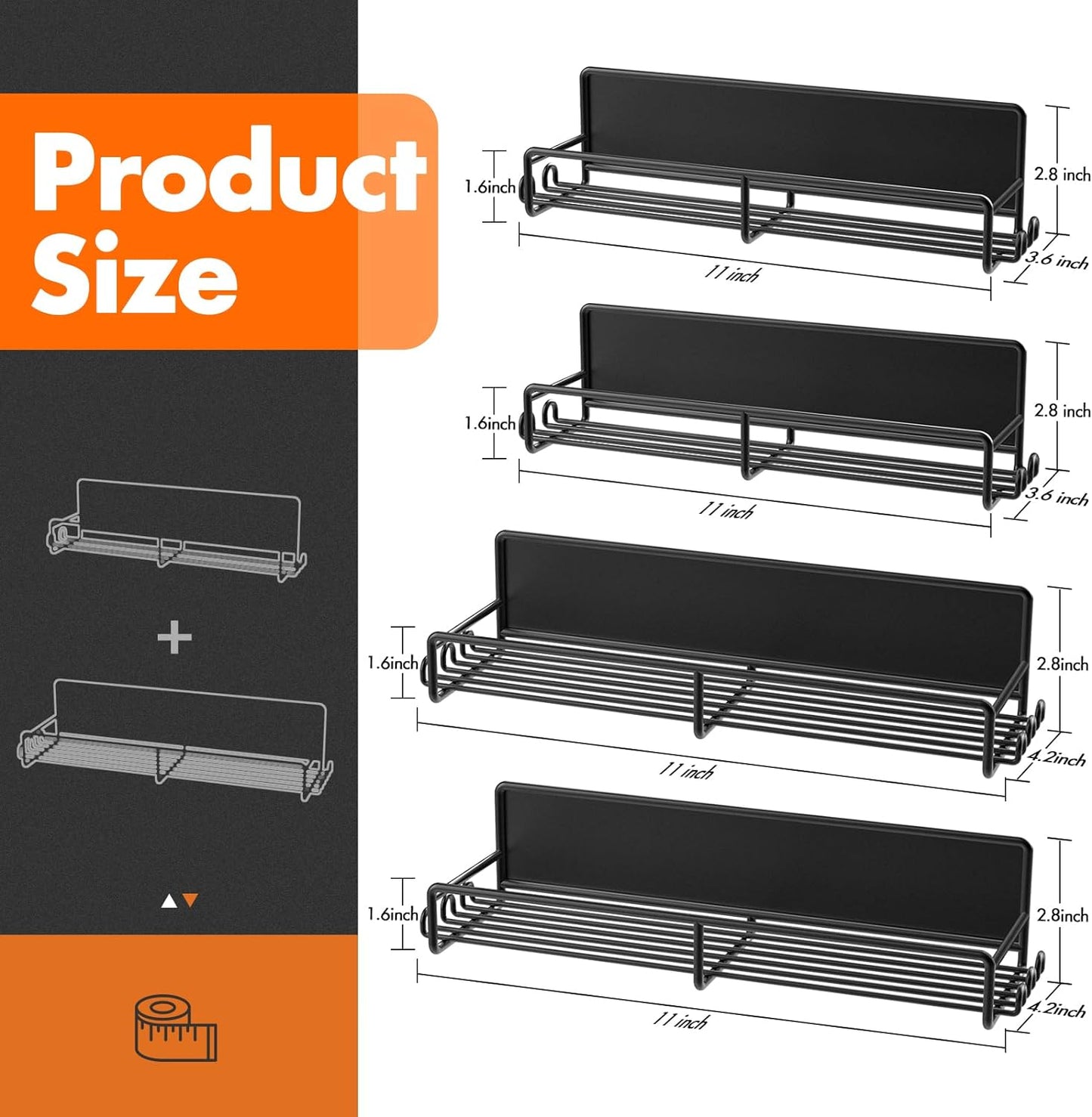 Magnetic Spice Rack for Refrigerator, 4 Pack Fridge Shelf with Hooks, Kitchen Organization and Storage Gadgets