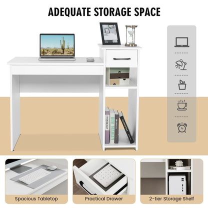 COSTWAY Computer Desk, 40 inch Laptop PC Gaming Table with Drawer, Monitor Stand & Storage Shelf, Modern Simple Study Writing Table for Home & Office, Easy Assembly, White